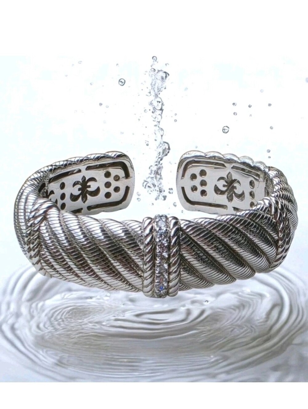 Signed Judith Ripka 925 Sterling Silver Hinged Cable Twist CZ Cuff Bracelet 70g
